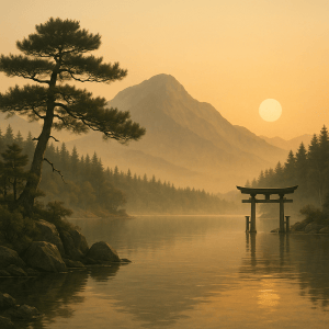 Torii-portti järven yllä auringonlaskussa, vuoret ja metsät taustalla. Symboloi budon ja zenin rauhaa AikiJujutsu ry:n hengessä Espoossa.