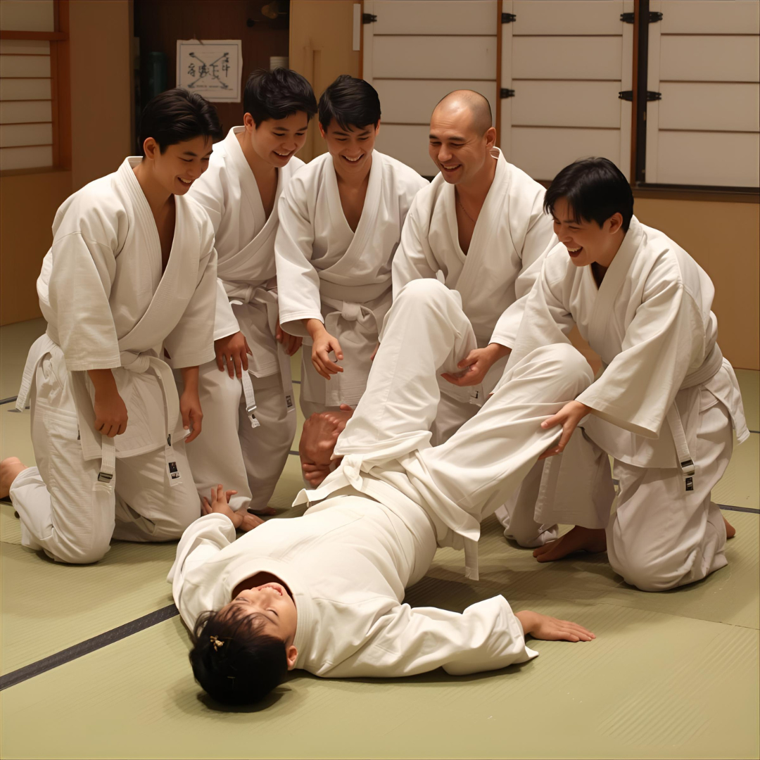 Aloittelijat harjoittelevat Ju-Jutsun kaatumistekniikoita tatamilla Espoossa. Yksi oppilas kaatuu hauskasti, ja muut tukevat nauraen – budon henki AikiJujutsu ry:ssä.