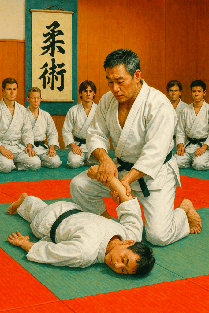 JuJutsu-harjoitus dojossa, sensei tekee ude gatame -tekniikkaa valkoisiin kimonoihin pukeutuneiden oppilaiden edessä.
