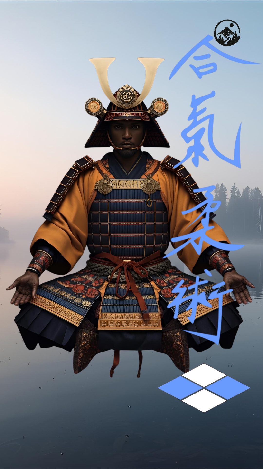 Levitating samurai in golden armor meditating above a lake – Japanese wallpaper for phone and desktop.