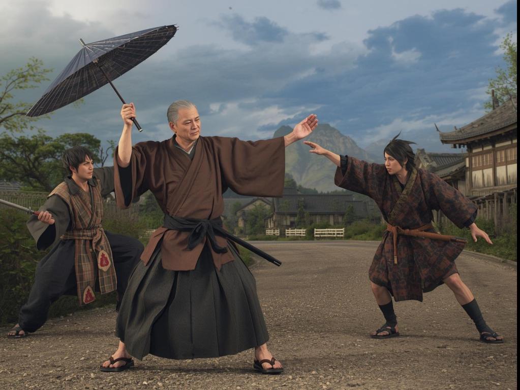Samurai käyttää Ju-Jutsun tekniikoita puolustaakseen itseään kahta vastustajaa vastaan. Kuva symboloi budon perinnettä ja AikiJujutsu ry:n henkeä.