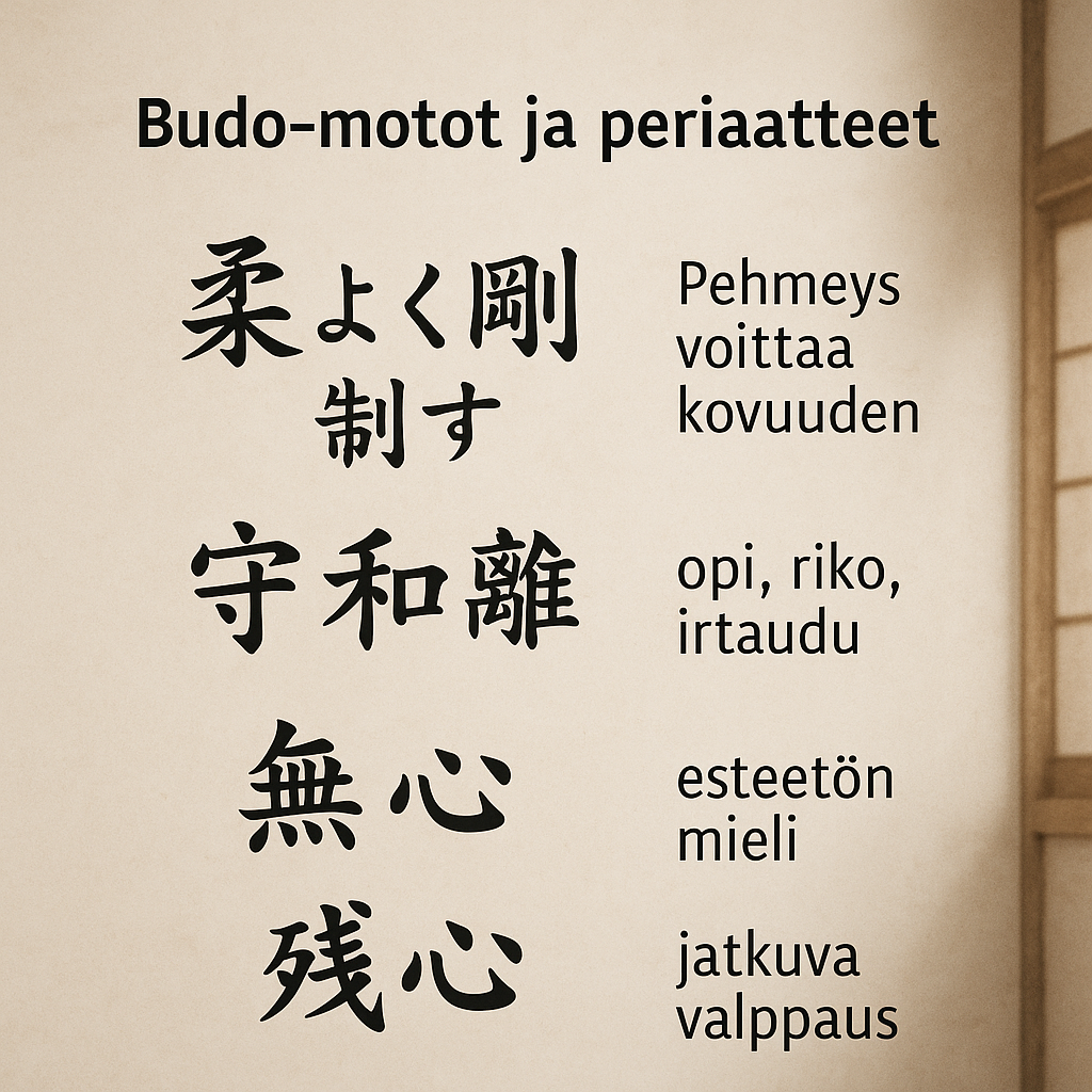 Budo-motot kanjilla ja suomeksi: joustavuus, Shu-Ha-Ri, mushin ja zanshin – Doshira.com budō filosofia ja perinteet.