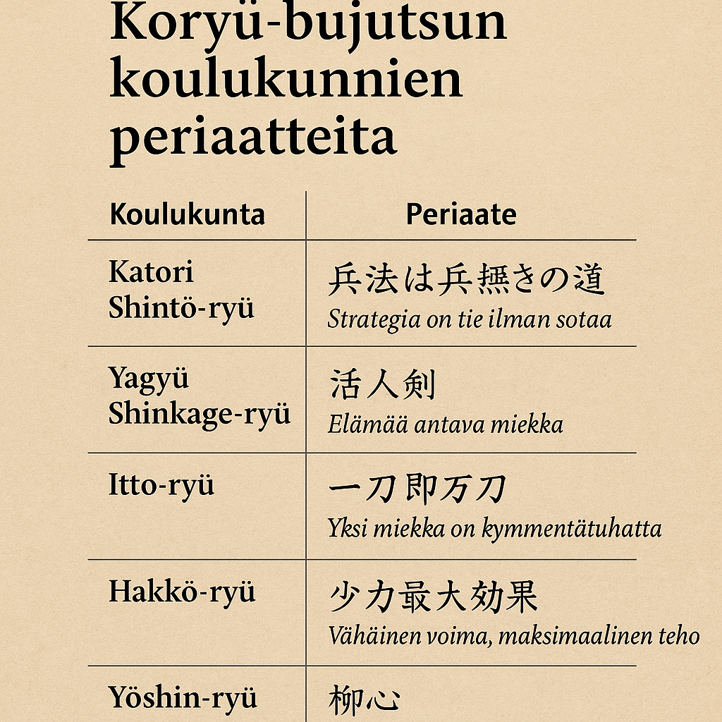 Koryū-bujutsu periaatteet taulukossa: Katori Shintō-ryū, Yagyū Shinkage-ryū, Itto-ryū, Hōzōin-ryū, Kashima Shintō-ryū, Hakkō-ryū ja Yōshin-ryū – Doshira.com budō filosofia.