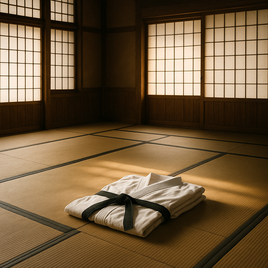 A neatly folded white keikogi with a black belt resting in the center of a traditional Japanese dojo tatami floor, symbolizing calm, discipline, and respect in budo practice.