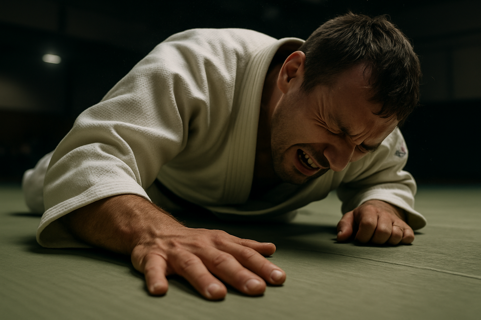 A judo practitioner on tatami tapping the mat with his hand due to pain, captured in a calm and respectful moment symbolizing discipline, self-control, and the spirit of budo.