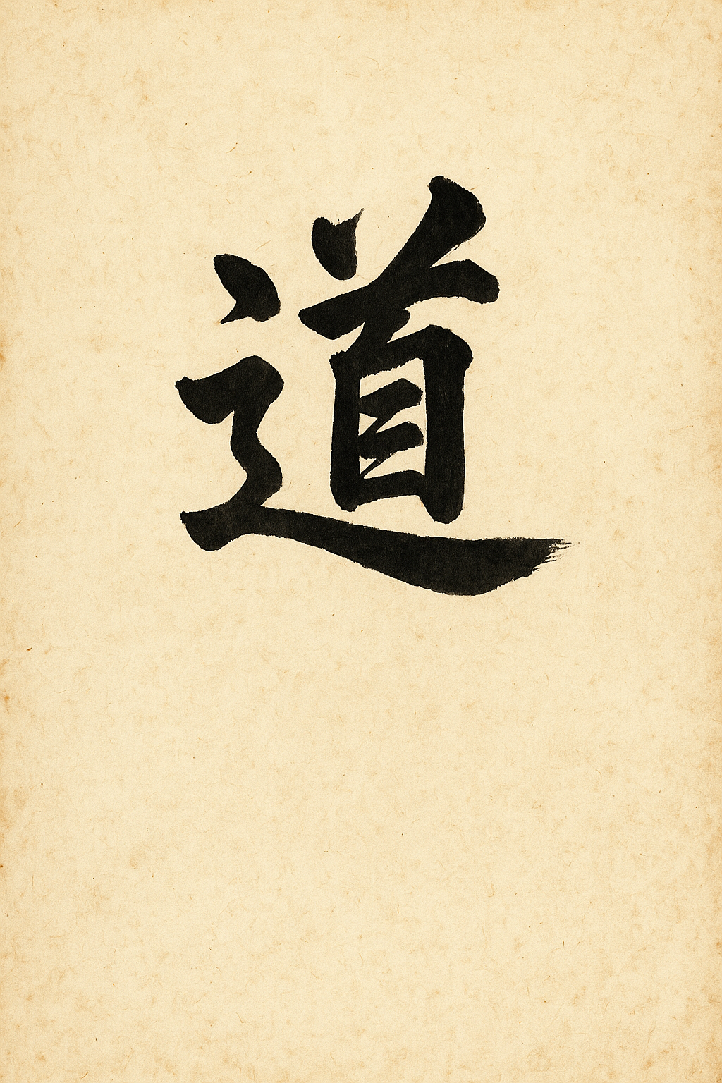 Minimalist black ink calligraphy of the kanji 'Dō' (The Way), central to Budo philosophy and Dojo Kun code.