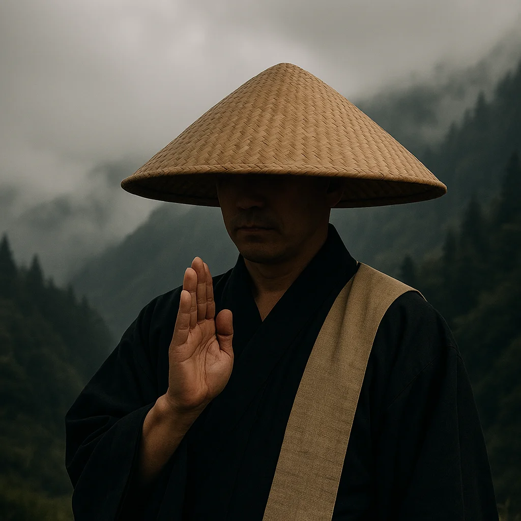 A Japanese monk in a traditional hat performs the Gassho greeting. A symbol of harmony, respect, and the warrior’s path – even winding roads lead toward the light of the moon.