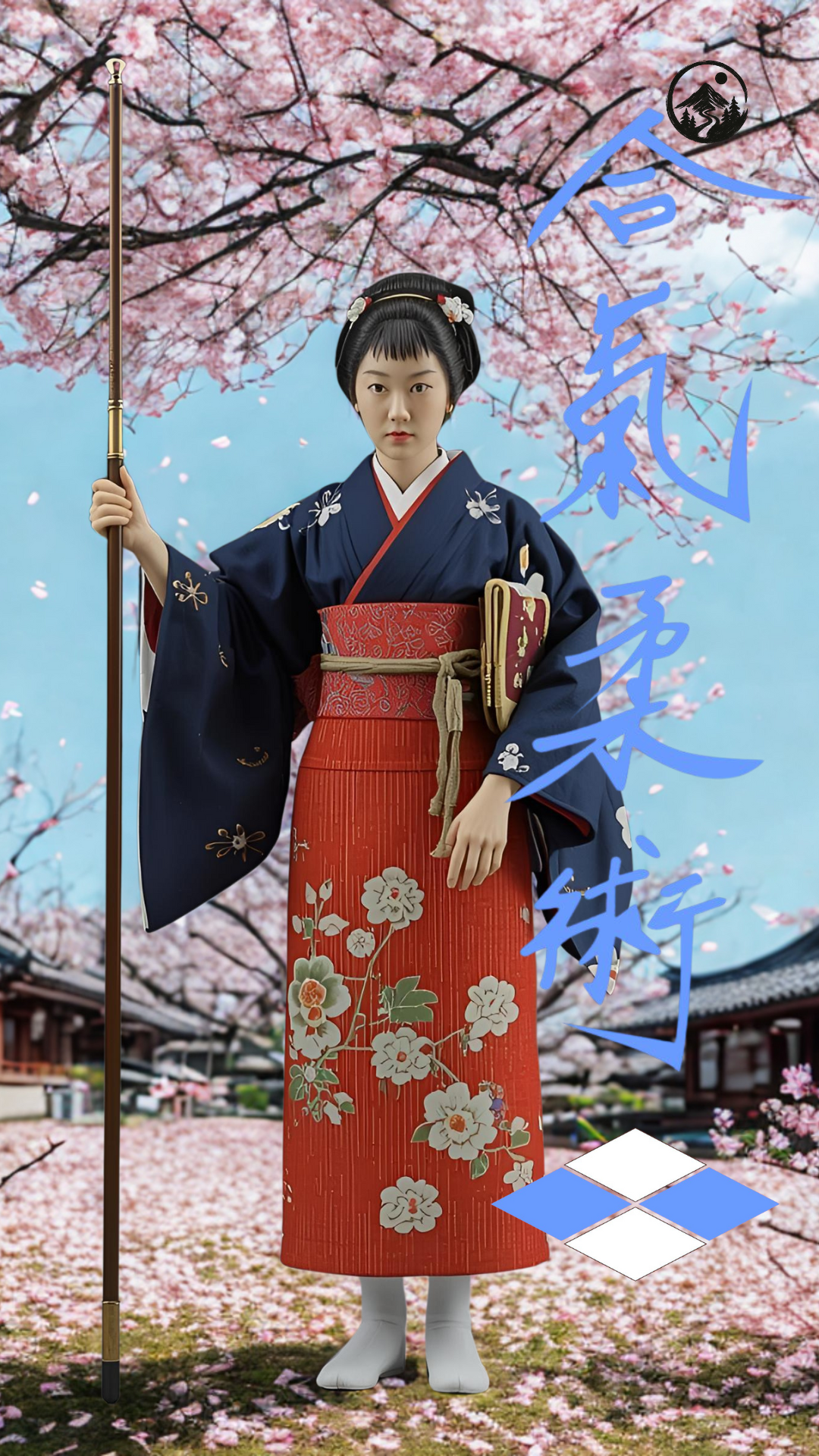 Onna-Bugeisha wallpaper – Japanese female warrior in kimono with naginata, cherry blossoms and temple background.