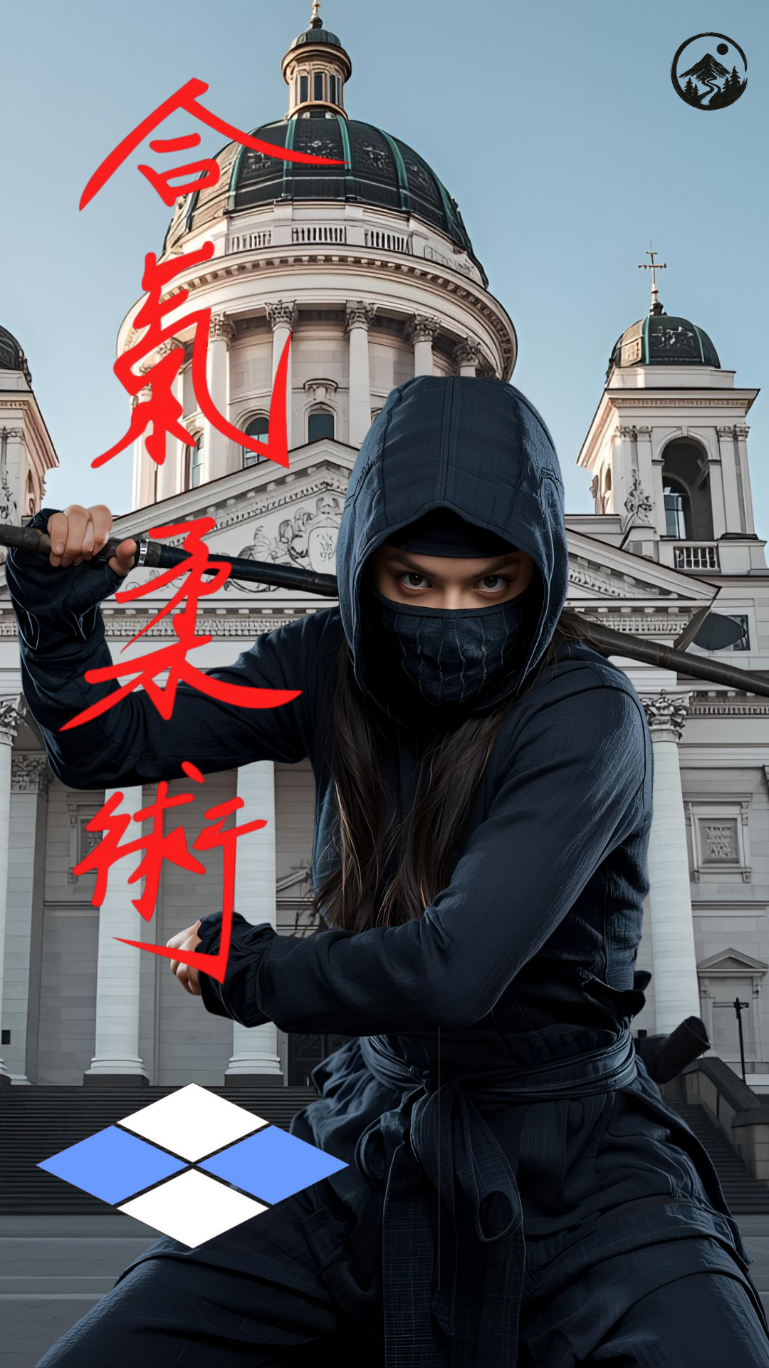 Kunoichi wallpaper – female ninja in black outfit with sword, standing in front of Helsinki Cathedral.